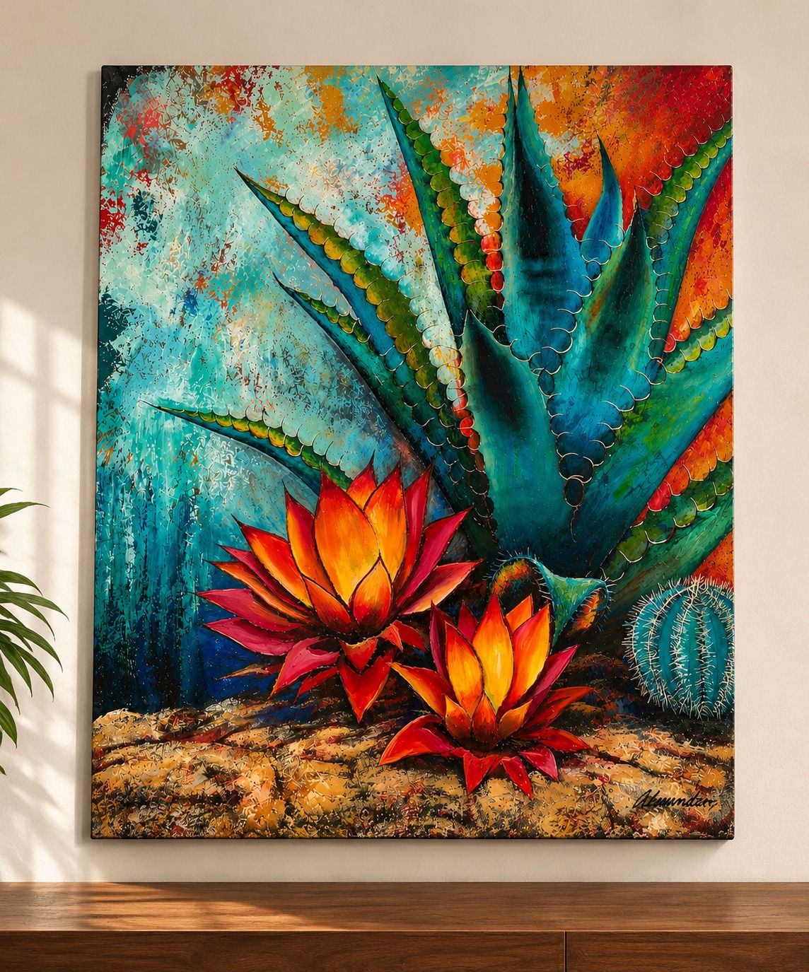 Obra de agave y cactus en flor con color y textura, Mezquite Mexican Design